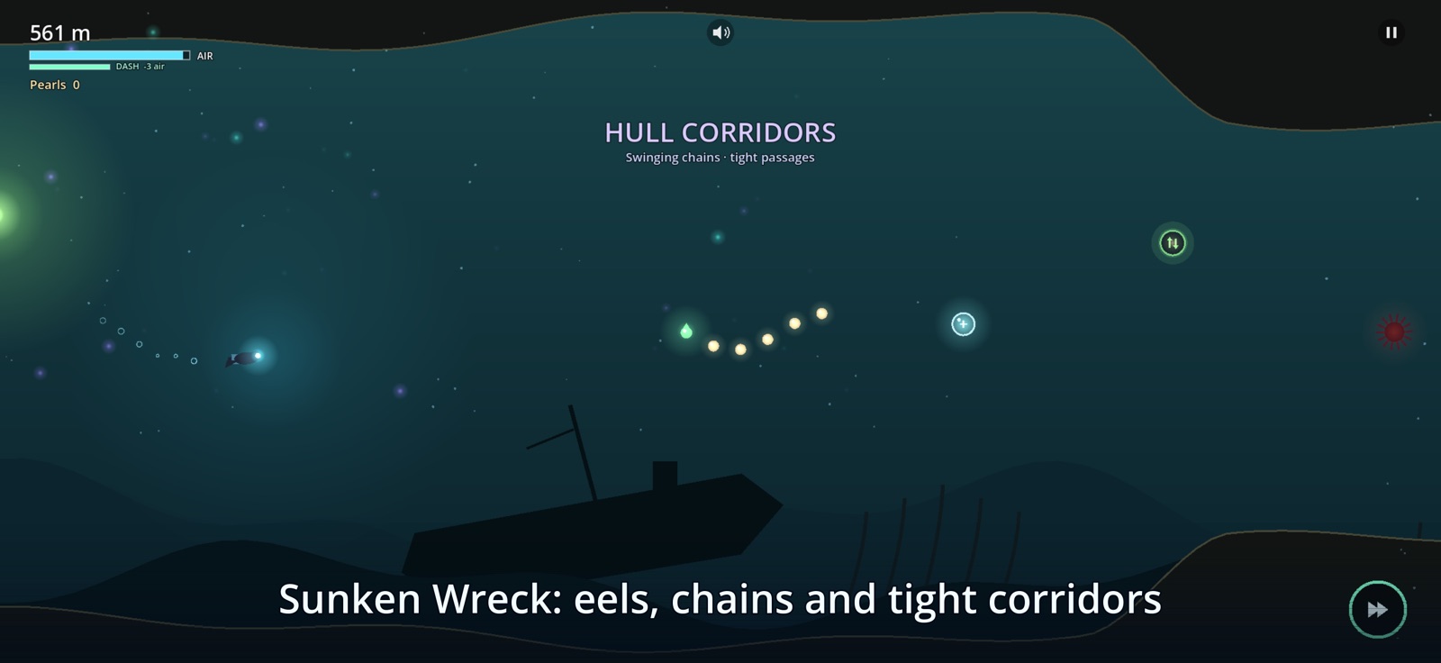 Sunken Wreck: a diver in the Hull Corridors, eels and chains ahead.