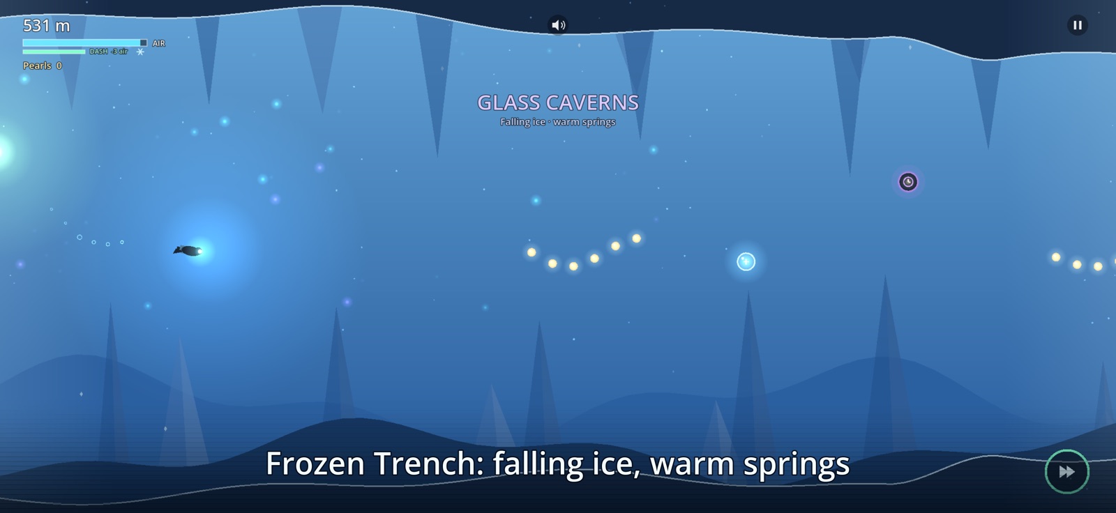 Frozen Trench: a diver in the Glass Caverns, falling ice around.