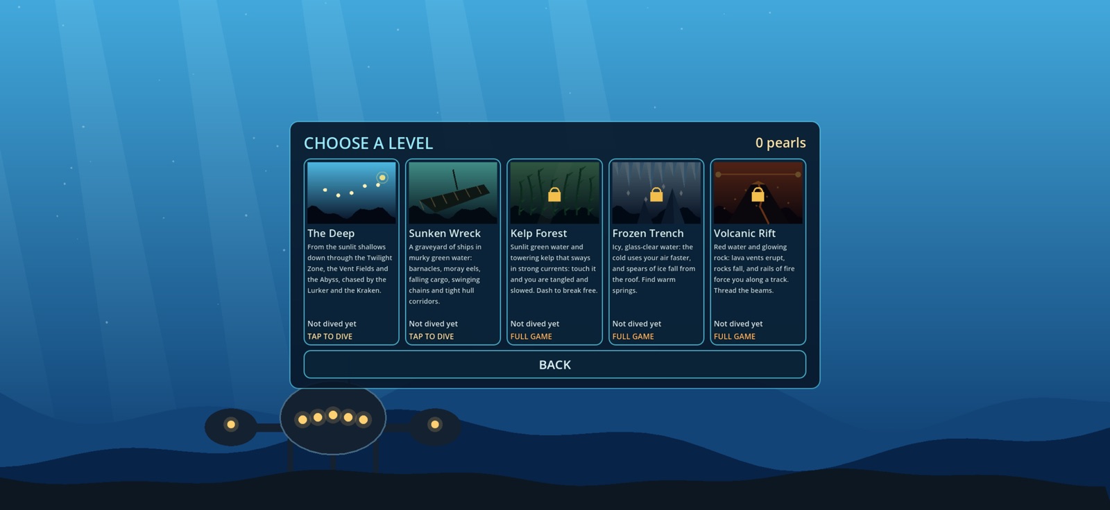 The level picker: The Deep and Sunken Wreck open, the other three levels locked behind the Full game.