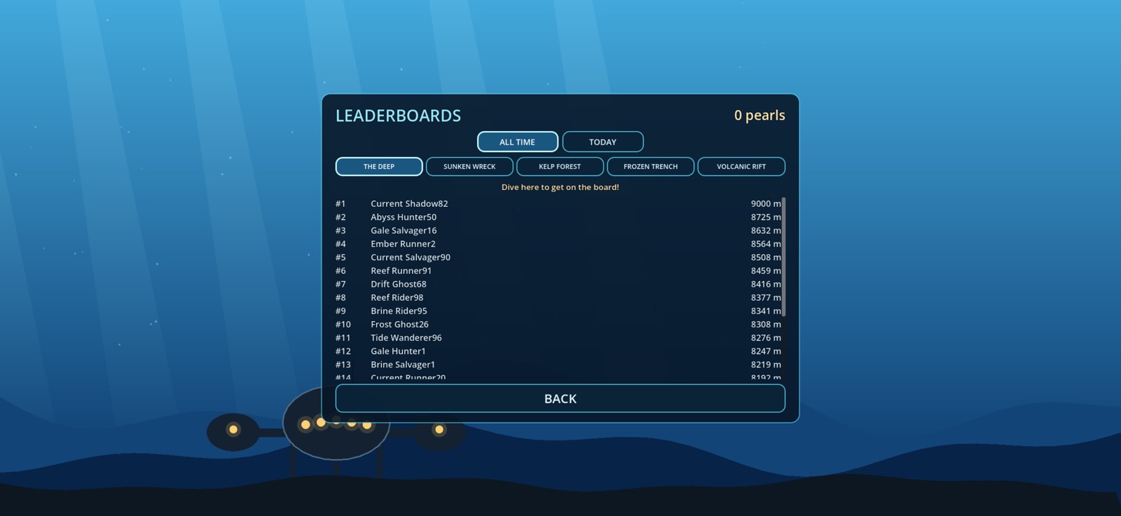 The leaderboards screen for The Deep, all-time, showing the top divers.