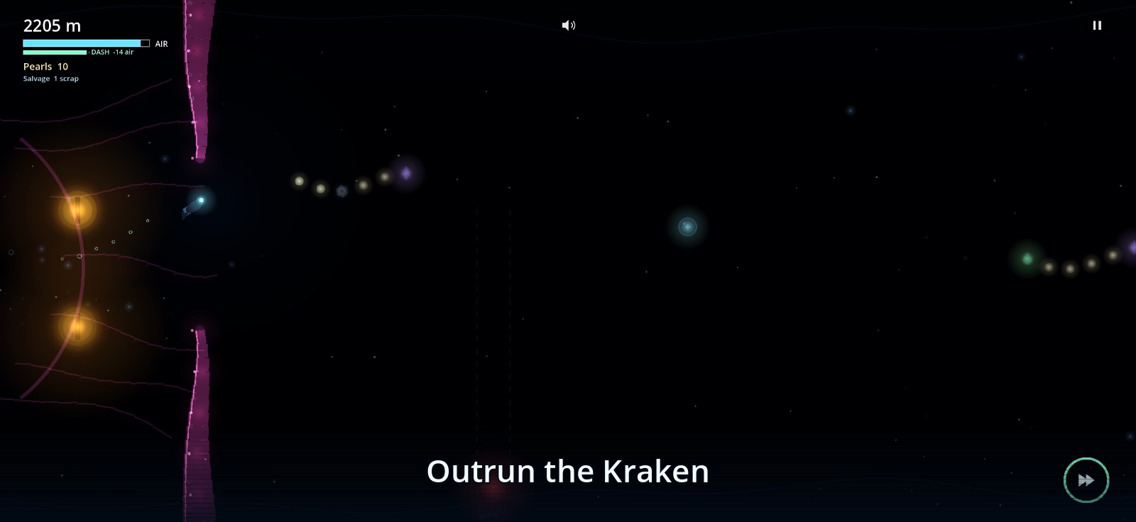 A diver fleeing a Kraken's tentacle in dark water lit by orange glows.