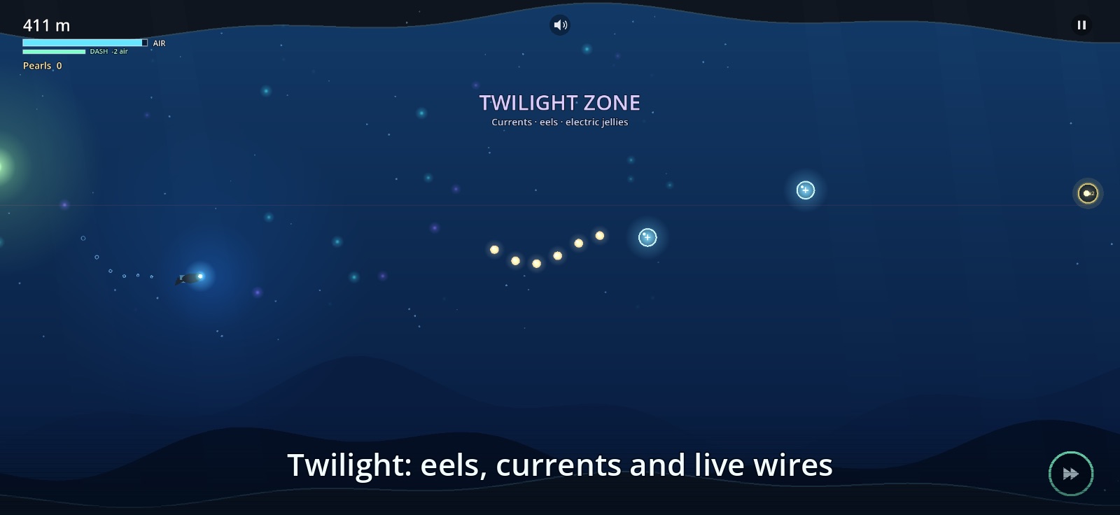 A diver in dim blue water with glowing creatures and live wires ahead.